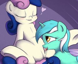 2girls anus biting_lip blue_fur blue_hair blush bonbon_(mlp) clitoris closed_eyes cunnilingus furry furry_only heart horn long_hair looking_at_another looking_pleasured lyra_heartstrings_(mlp) my_little_pony oral pink_hair ponegranate pony pussy saliva_trail smooth_skin spread_legs teeth tongue_out white_hair yellow_eyes yellow_fur yuri