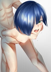 1boy abs absurdres arm_grab arm_held_back bent_over blue_hair blush breasts bruise darling_in_the_franxx doggy_style female gradient gradient_background green_eyes hair_over_one_eye highres ichigo_(darling_in_the_franxx) injury male navel nipples nude open_mouth rape revian_samuel_dani sex short_hair small_breasts solo_focus straight sweat tears