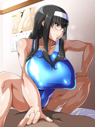 bare_arms bare_legs bare_shoulders bed black_hair blue_eyes blue_swimsuit blush breasts breath calendar_(object) closed_mouth clothed_female_nude_male clothed_sex cowgirl_position dark-skinned_male enoshima_iki female glasses hairband highres indoors large_breasts legs long_hair lying muchi_muchi_jimiko_bitch_ka_nikki nude on_bed original puffy_areolae puffy_nipples sex sitting sitting_on_person solo_focus sweat swimsuit thighs vaginal_penetration wall