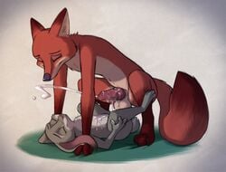 2019 animal_genitalia animal_penis anthro balls canid canine canine_penis closed_eyes crouching cum cum_on_body cum_on_penis cum_string cumshot disney duo ears_down ejaculation erection female flat_chest fox fur furry furry_only grey_background interspecies judy_hopps knot lagomorph larger_male legs_up lying male male/female mammal naked nick_wilde nude on_back orgasm penis predator/prey rabbit s1m simple_background size_difference smaller_female smile straight tail zootopia