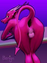 anus backsack balls benign_light bent_over gaping girly horn long_ears looking_at_viewer looking_back male open_mouth presenting raised_tail red_skin scalie signature solo spade_tail