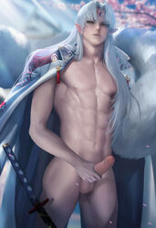 1boy abs balls color detailed_background erection forehead_mark foreskin higher_resolution_available highres holding_penis inuyasha long_hair male male_focus male_nipples male_only muscle nude nude_male nudity penis penis_grab pointy_ears sakimichan sesshoumaru silver_hair smile solo standing testicles uncensored undressing yellow_eyes