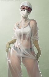 1girls 2020 bra clothed female female_only hazmat_suit human marmalademum medical_gloves medical_mask nurse nurse_uniform panties russian see-through_clothing solo_female standing uniform