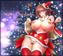 2018 areolae blush breasts breasts_out brown_hair christmas female hat highres huge_breasts lactation merry_christmas navel navel_cutout nipples open_mouth original pubic_hair purple_eyes pussy_juice revealing_clothes santa_hat short_hair solo sonota_taisei thighhighs tongue tongue_out wrist_cuffs