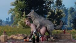 1animal 1boy 1girls 3d all_fours animal_genitalia areolae blonde_hair blue_eyes breasts cd_projekt_red doggy_style female looking_at_viewer niodreth nipples on_floor outdoors outside partially_clothed tattoo the_witcher_(series) the_witcher_2 the_witcher_3:_wild_hunt ves wolf zoophilia