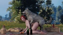 1animal 1girls 3d all_fours animal_genitalia areolae barefoot breasts cd_projekt_red doggy_style female green_eyes looking_at_viewer niodreth nipples on_floor outside red_hair the_witcher the_witcher_(series) the_witcher_2 the_witcher_3:_wild_hunt triss_merigold wolf zoophilia