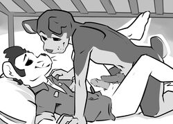 2boys bed black_and_white blush buddy_thunderstruck_(character) buddy_thunderstruck_(series) canid canine canis clothing darnell_(buddy_thunderstruck) domestic_dog ferret gay male male_only mammal monochrome mustelid nontoxo nude partially_clothed penis yaoi