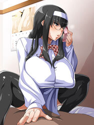 bed black_hair blue_eyes blush bow bowtie breasts breath calendar_(object) cellphone clothed_female_nude_male clothed_sex cowgirl_position dark-skinned_male enoshima_iki female glasses hairband highres indoors large_breasts legs long_hair lying muchi_muchi_jimiko_bitch_ka_nikki nude on_bed original parted_lips phone puffy_areolae puffy_nipples school_uniform sex sitting sitting_on_person solo_focus sweat thighhighs thighs vaginal_penetration wall