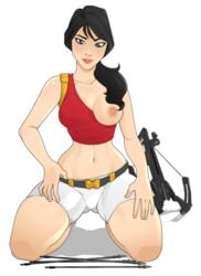 1girls abs big_breasts black_hair blushing breasts clothed clothing exposed_breasts female female_only fortnite fully_clothed kneeling looking_at_viewer one_breast_out red_shirt rodjim scarlet_defender shorts tagme wardrobe_malfunction