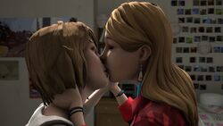 2girls 3d blonde_hair brown_hair closed_eyes counterfeithuman duo earrings feather_earrings female female_only hand_holding hand_on_neck kissing life_is_strange max_caulfield multiple_girls rachel_amber yuri