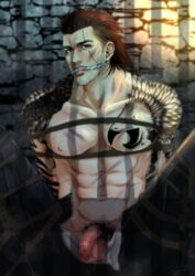 1boy abs balls_out bara black_hair brown_hair bruises censored dirty facial_hair final_fantasy final_fantasy_xv flaccid foreskin gag gagged gladiolus_amicitia lips looking_at_viewer male male_focus male_only mullet muscles muscular_male narrowed_eyes pale-skinned_male pale_skin pecs penis penis_out pubic_hair restrained solo_focus solo_male tattoo tattoos undressing whip_marks