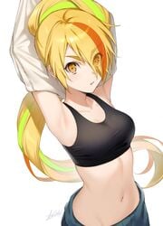 armpits arms_up blonde_hair eyes_visible_through_hair female female_only highlights navel nikaidou_saki solo tagme tank_top zombie_land_saga