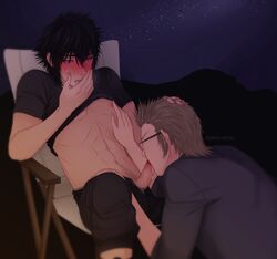 2boys blush erection fellatio final_fantasy final_fantasy_xv gay ignis_scientia male male/male male_only multiple_boys noctis_lucis_caelum oral outdoors penis sitting sucking undressing yaoi