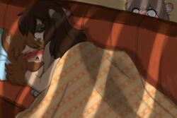 2019 anthro being_watched blush brown_fur canid canine coconut_(papilrux) female fur hi_res lycana_(papilrux) mammal mink mustelid papilrux raccoon_dog sex sofa tanuki were werecanid werecanine werewolf yukiko_(papilrux) yuri