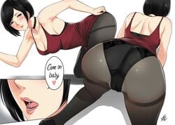 ada_wong ada_wong_(adriana) all_fours ass biohazard breasts capcom cleavage dress dress_lift female female_only panties pantyhose presenting resident_evil resident_evil_2 resident_evil_2_remake solo speech_bubble text xtermination