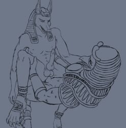 anal anthro anubian_jackal anubis_(smite) avian balls canid canine canis claws deity dr_lazarus_lamar egyptian_mythology erection gay jackal knot male male_nipples male_only mammal monochrome penis ra_(smite) smite testicles yaoi