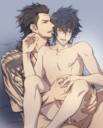 2boys anal ass_juice bite_mark facial_hair final_fantasy final_fantasy_xv gladiolus_amicitia highres lifting male_only multiple_boys noctis_lucis_caelum nude penetration penis saliva sex size_difference steam tattoo yaoi