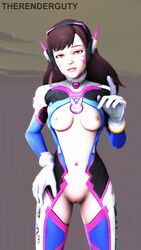 1girls 3d breasts brown_eyes brown_hair d.va female female_only overwatch pussy solo therenderguy