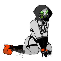 drekartubegirl female gas_mask gloves green_eyes grey_skin grineer hood straps tagme topless warframe