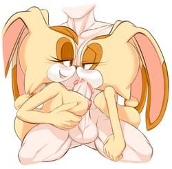 1boy 2girls assisted_fellatio balls big_breasts blush breasts brown_eyes cream_the_rabbit double_paizuri fellatio female furry human_on_anthro male marthedog milf mother_and_daughter multiple_girls nipples paizuri penis sega small_breasts sonic_(series) teamwork third-party_edit unseen_male_face vanilla_the_rabbit