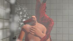 1boy 1boy1girl 1girls 3d agony_(series) female handjob heavy_weapons_guy male naked nude nude_male onoskelis palpatinedewit red_body shower showering straight surprised team_fortress_2