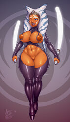 ahsoka_tano alien alien_girl areolae bedroom_eyes big_breasts blue_eyes breasts captainjerkpants curvy dildo disney dual_wielding erect_nipples female female_only front_view full_body functionally_nude hairless_pussy half-closed_eyes high_heels holding_weapon latex lightdildo lightsaber looking_at_viewer melee_weapon mostly_nude navel nipples orange_nipples orange_skin platform_heels puffy_nipples pussy shiny signature smile solo star_wars star_wars_rebels tease thick_thighs togruta toned weapon white_lightsaber