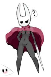 ambiguous_gender blush breasts cactuscacti cape cloak duo female female_focus hollow_knight hornet_(hollow_knight) nipples protagonist_(hollow_knight) pussy red_cape siblings simple_background solo_focus white_background