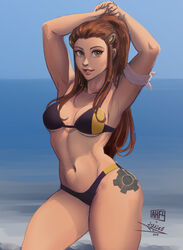 1girls 2d abs bikini brigitte brown_eyes brown_hair collaboration female female_only iahfy looking_at_viewer overwatch solo swimsuit tattoo text vashito vashperado watermark