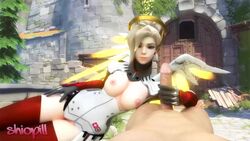 3d animated blizzard_entertainment blonde_hair breasts duo eichenwalde_(map) female handjob loop male mercy no_sound overwatch pov shiopill straight tagme video wings