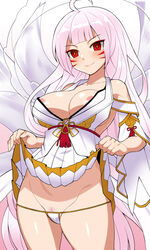 apsara_(elsword) ara_haan bikini blush braid detached_sleeves elsword eun_(elsword) eyebrows_visible_through_hair facial_mark female fox_tail lowres micro_bikini nipples nt00 pubic_hair skirt skirt_lift smile swimsuit tail white_hair