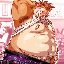 2013 anthro belly blush closed_eyes clothed clothing group male male_only mammal moobs navel open_shirt overweight overweight_male pants phone polar_bear shirt suid suina sus_(pig) underwear ursid ursine wild_boar zapapanda