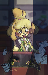 2019 absurd_res ahe_gao animal_crossing anthro beady_eyes biped black_eyes black_nose blush blush_stickers bow_tie bra canid canine canis clothing desk domestic_dog female flat_chested floppy_ears fur fur_tuft hair_tie head_tuft hi_res isabelle_(animal_crossing) looking_pleasured mammal masturbation multicolored_fur nintendo shaking shih_tzu snoutless tongue tongue_out trembling tuft underwear video_games white_fur yellow_fur