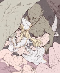 2boys 3girls absurdres blonde_hair breasts cave clothed_female_nude_male crying crying_with_eyes_open cum defeated doggy_style double_penetration fellatio flat_colors goblin goblin_male goblin_slayer green_skin highres interspecies irrumatio large_breasts larger_female multiple_boys multiple_girls nipples nude one_breast_out oral panties panties_around_leg penis priestess_(goblin_slayer) rape rough_sex sex size_difference sketch small_dom_big_sub smaller_male solo_focus spitroast sweat tears thick_thighs torn_clothes underwear wet wide_hips wrist_grab yuiganaoha