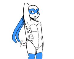 2019 animal_genitalia anthro bandana clothing genital_slit hand_behind_head inkyfrog legwear leonardo looking_at_viewer male male_only mask mostly_nude motion_lines open_mouth partially_colored pose reptile scalie shell simple_background slit solo standing tailwag teenage_mutant_ninja_turtles thigh_highs turtle white_background