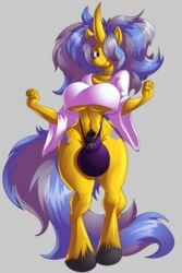 1futa animal_genitalia anthro blue_eyes blue_hair clothed clothing cuite_mark cutie_mark dickgirl fan_character friendship_is_magic fully_sheathed fur futanari grey_hair hair hooves horn intersex long_hair long_tail my_little_pony partially_clothed presenting sheath shirt simple_background smile solo thebigbadwolf01 thong yellow_fur