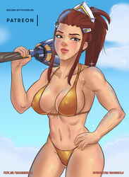 1girls 2d bikini brigitte brown_eyes brown_hair female female_only kasumikills muscular_female overwatch solo swimsuit