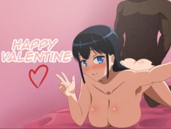 1boy blush dark-skinned_male dark_skin doggy_style english_text female interracial large_breasts looking_at_viewer male straight teruyo text v valentine's_day