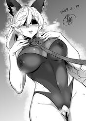 animal_ears bangs bar_censor blindfold blush bondage breasts cat_ears censored collar crotchless elbow_gloves erect_nipples erune female gloves granblue_fantasy heles highres kuro_(jyupiter) large_breasts leash long_hair monochrome nipple_piercing one-piece_swimsuit piercing pussy solo swimsuit very_long_hair