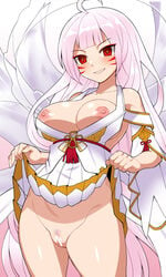 apsara_(elsword) ara_haan bikini blush braid breasts breasts_out detached_sleeves elsword eyebrows_visible_through_hair facial_mark female innie_pussy lowres micro_bikini nipples nt00 pubic_hair red_eyes skirt skirt_lift smirk swimsuit