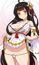 apsara_(elsword) ara_haan bikini blush braid detached_sleeves elsword eyebrows_visible_through_hair female lowres micro_bikini nipples nt00 pubic_hair skirt skirt_lift smile swimsuit