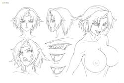 breasts character_sheet erect_nipples fangs female female kagami_hirotaka koutetsu_no_majo_anneroze large_breasts lee_mayfeng lilith-soft looking_at_viewer monochrome multiple_views nude official_art short_hair smile translation_request white_background