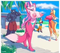 2019 abs anthro beach biceps big_breasts bikini black_hair blonde_hair blue_nose breasts canid canine clothed clothing collar crackiepipe cum cum_on_breasts curvaceous denisse_(crackiepipe) digital_media_(artwork) equine erect_nipples female fox fur group hair horse huge_breasts large_areolae looking_at_viewer male mammal muscular muscular_male nipples nude open_mouth outside phoebe_(crackiepipe) pink_fur pink_hair pink_nipples public seaside smile standing swimsuit topless wide_hips