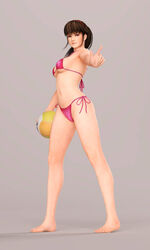 3d arm_out bare_shoulders barefoot belly brown_hair dead_or_alive dead_or_alive_5 dead_or_alive_xtreme_beach_volleyball grey_eyes hitomi_(doa) leaning pink_bikini sideboob standing thighs underboob volleyball volleyball_(ball) x2gon