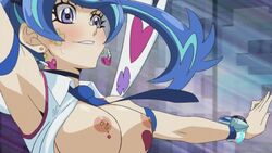 blue_angel blue_eyes blue_hair blush breasts earrings female heart heart_earrings jewelry long_hair multicolored_hair nipples nude_filter screenshot_edit solo streaked_hair third-party_edit white_wings wing wings yu-gi-oh! yuu-gi-ou yuu-gi-ou_vrains zaizen_aoi