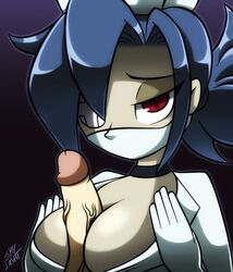 between_breasts big_breasts blue_hair breasts clothing duo female hair male nurse nurse_uniform paizuri penis red_eyes skullgirls skylight_(artist) straight uniform valentine_(skullgirls) video_games