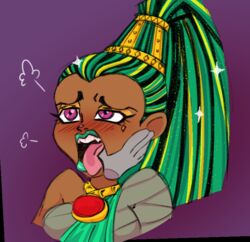 ahe_gao blush dark-skinned_female dark_skin disembodied_hand disembodied_penis egyptian female finger_in_mouth finger_to_mouth hand_on_face jewelry kythos monster_high multicolored_hair mummy nefera_de_nile open_mouth pink_eyes solo tongue tongue_out undead