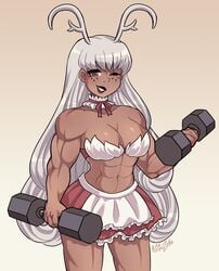 1girls abs apron bangs biceps brown_eyes cervine choker crop_top dark-skinned_female dark_skin deer female female_only freckles kaibuzetta maid maid_uniform midriff miniskirt muscle muscles muscular muscular_female original silver_hair solo thick_thighs weightlifting weights wink workout