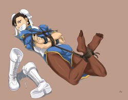 arms_behind_back black_legwear bondage brown_eyes brown_hair chun-li defeated gag looking_at_viewer looking_back lostonezero pantyhose rope street_fighter tape tape_gag