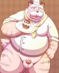 1boy 2015 anthro balls belly cake felid flaccid food humanoid_hands humanoid_penis lako male male_only mammal overweight overweight_male pantherine penis simple_background solo tiger