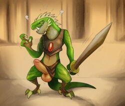 anthro armor balls clothing daftpatriot dinolfos erection humanoid_penis loincloth loincloth_aside male male_only melee_weapon mostly_nude penis reptile retracted_foreskin scalie solo standing sword uncut weapon